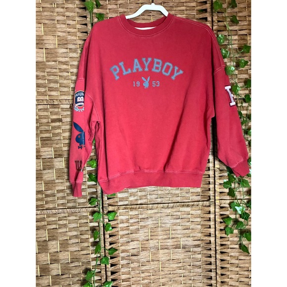 Playboy Red Crewneck Sweatshirt 1953 Bunny Logo Sleeve Patches - Picture 1 of 5